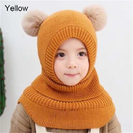 Szín: sárga - Puha dupla meleg szélálló lány fiú sapka sál téli baba kötött sapka sapka sapka gyerekeknek kapucnis
