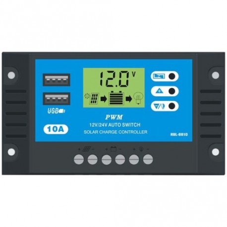 10A 12V 24V LCD kijelző PWM napelemes Controller Kettős USB napelemes töltő