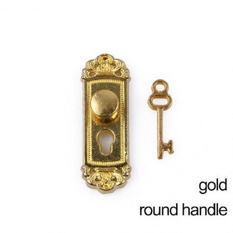 Szín: arany kerek fogantyú - Retro stílusú 1/12-es méretarányú babaház zár kulcskészlet miniatűr ajtókilincsek