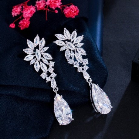 Fém Szín: fényes fehér - CWWZircons Clear Top Cubic cirkónia Marquise vágott levél hosszú vízcsepp esküvői