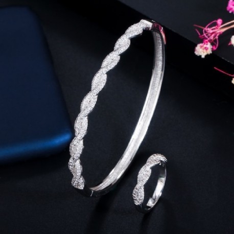 Fém színe: ezüst - CWWZircons Twist Lines Cubic cirkónia Dubai Rose Gold színű nyitott mandzsetta menyasszonyi afrikai