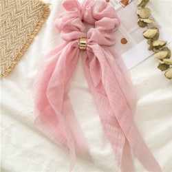 Szín: rózsaszín - Kétrétegű masni Sifon hosszú szalagszalagok Scrunchie női lányok haj sál tömör csat rugalmas