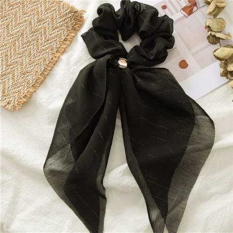 Fekete szín - Kétrétegű masni Sifon hosszú szalagszalagok Scrunchie női lányok haj sál tömör csat rugalmas