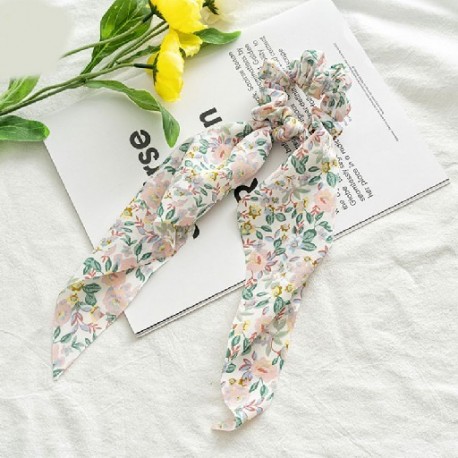 Szín: rózsaszín - Koreai masni hosszú szalag haj Scrunchie lófarok hajsál sifon virágmintás Édes elasztikus hajpánt