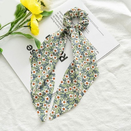 Szín: zöld - Koreai masni hosszú szalag haj Scrunchie lófarok hajsál sifon virágmintás Édes elasztikus hajpánt