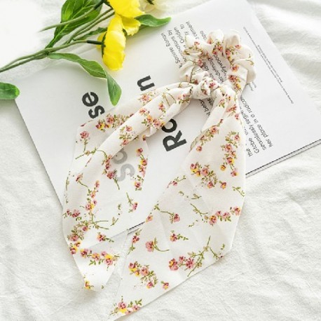 Fehér szín - Koreai masni hosszú szalag haj Scrunchie lófarok hajsál sifon virágmintás Édes elasztikus hajpánt