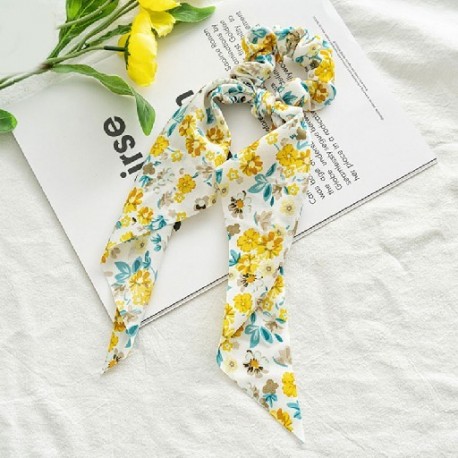 Szín: sárga - Koreai masni hosszú szalag haj Scrunchie lófarok hajsál sifon virágmintás Édes elasztikus hajpánt