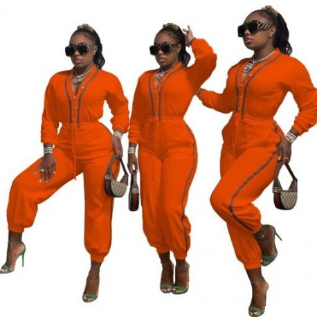 Szín: narancssárga XXL - Új Jumpsuit Női gomb V nyakú egyrészes ruhák Bodycon Body overálok Alkalmi divatos utcai