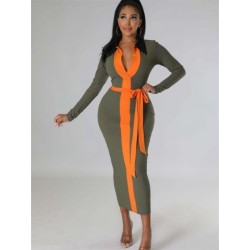 Szín: Army Green XL - Női ruhák kötszeres őszi ruhák Patchwork V nyakú Elegáns divat Streetwear Maxi ruha