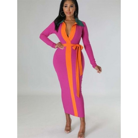 Szín: Piros XL - Női ruhák kötszeres őszi ruhák Patchwork V nyakú Elegáns divat Streetwear Maxi ruha