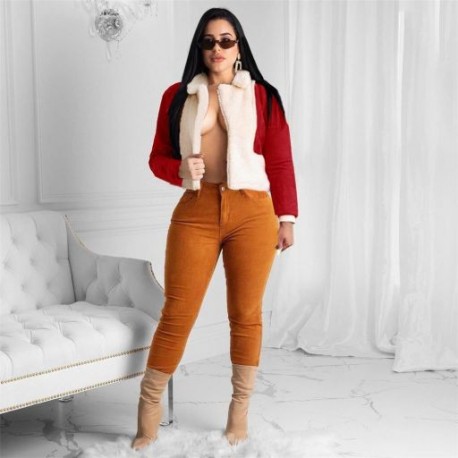 Szín: piros XXL - Női kabátok és dzsekik Téli ruhák Gyapjú Crop Top Bojt Hem Koreai divat Streetwear Trench Új