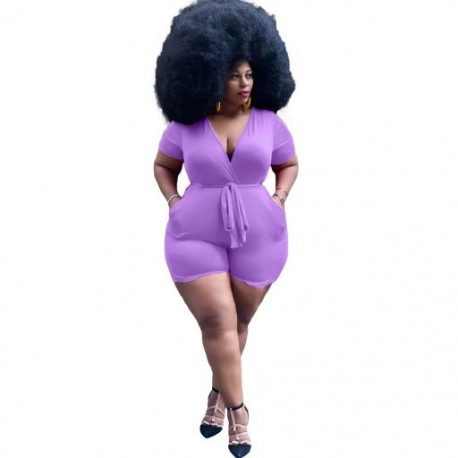 Szín: lila 5XL - 5XL Nagy méretű Jumpsuit Női V nyakú zsebek Egyszínű alkalmi játszóruhák Bodycon Stretch nyári body