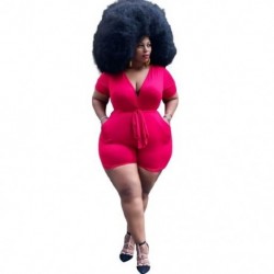 Szín: piros 5XL - 5XL Nagy méretű Jumpsuit Női V nyakú zsebek Egyszínű alkalmi játszóruhák Bodycon Stretch nyári body