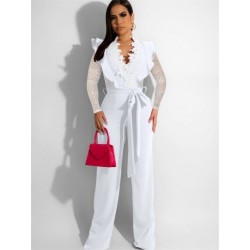 Szín: fehér XL - Női jumpsuit kötéssel őszi póló, tömör hálós ujjú, egyrészes ruhák, irodai hölgy
