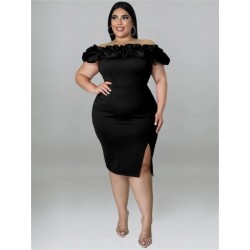 Szín: fekete XL - Női Ruházat Buli Ruhák Nyári Fodor vállról Solid Bodycon Elegáns Midi Ruha Nyár