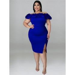 Szín: kék XL - Női Ruházat Buli Ruhák Nyári Fodor vállon Solid Bodycon Elegáns Midi Ruha Nyár