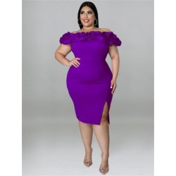 Szín: Lila XL - Női Ruházat Buli Ruhák Nyári Fodor vállról Solid Bodycon Elegáns Midi Ruha Nyár