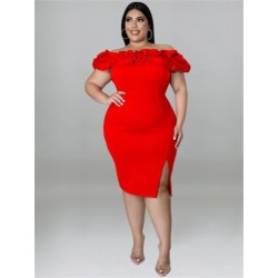 Szín: Piros XL - Női Ruházat Buli Ruhák Nyári Fodor vállon Solid Bodycon Elegáns Midi Ruha Nyár