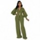 Szín: zöld 4XL - Jumpsuit Női ruházat Téli ruhák V nyakú nadrág övkockás nyomattal, széles lábú, elegáns divatos