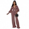 Szín: piros 4XL - Jumpsuit Női ruházat Téli ruhák V nyakú nadrág övkockás nyomattal, széles lábú, elegáns divatos