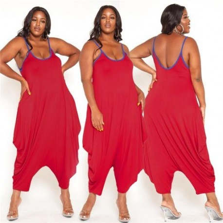 Szín: piros 5XL - Nagy méretű női ruházat Jumpsuit Alkalmi bő, ujjatlan, slip egyrészes ruházat nyári tréningruha