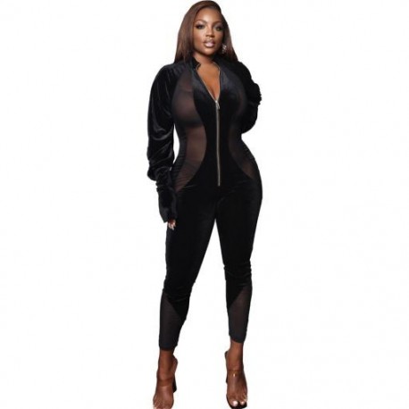 Szín: fekete XXXL - S-3XL Női Jumpsuits Elegáns V nyakú, hosszú ujjú Römperek Szexi Mesh Patchwork Bodycon Egyrészes