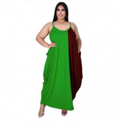 Szín: zöld 4XL - Nagy méretű maxi ruha, divatos női nyári patchwork, csúszózsebek, oldalsó oldalsó, elegáns, laza