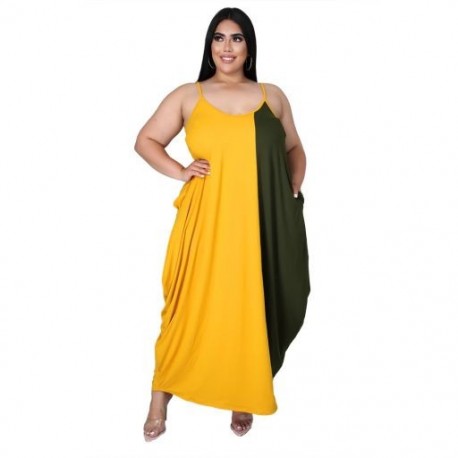 Szín: sárga 4XL - Nagy méretű maxi ruha, divatos női nyári patchwork, csúszózsebek, oldalsó oldalsó, elegáns, laza