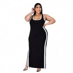 Szín: fekete 4XL - S-4xl Alkalmi ruha Nagy méretű ruházat Női mellény csíkos oldalsó Bodycon Stretch Slip Hem Maxi