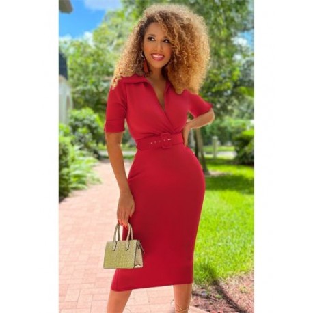 Szín: Piros XL - Női ruhák övvel Szexi V nyakú tömör, rövid ujjú Bodycon Elegant Maxi Dress Irodai női ruha