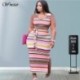 Szín: kék 4XL - Női ruhák Elegáns szexi csúszószegély övbordázással Bodycon csíkos alkalmi maxi ruha nyári