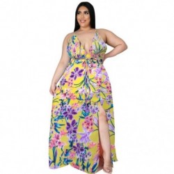 Szín: D1204 XXXL - 5XL Nagy méretű Női Ruházat Maxi ruha Slip virágok Nyomtatott V nyakú öv Elegáns teljes