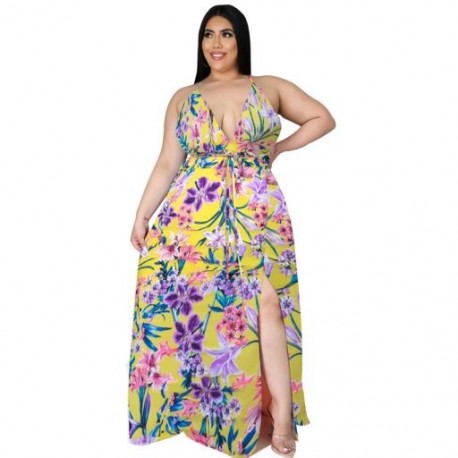 Szín: D1204 XXXL - 5XL Nagy méretű Női Ruházat Maxi ruha Slip virágok Nyomtatott V nyakú öv Elegáns teljes