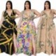 Szín: D1206 XXXL - 5XL Nagy méretű Női Ruházat Maxi ruha Slip virágok Nyomtatott V nyakú öv Elegáns teljes