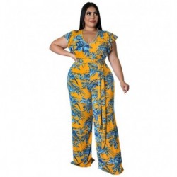 Szín: sárga XXXL - Női Jumpsuitek Nagy méretű 5XL Egyrészes Outfitek Irodai hölgy rövid ujjú nyomtatott Body Summer