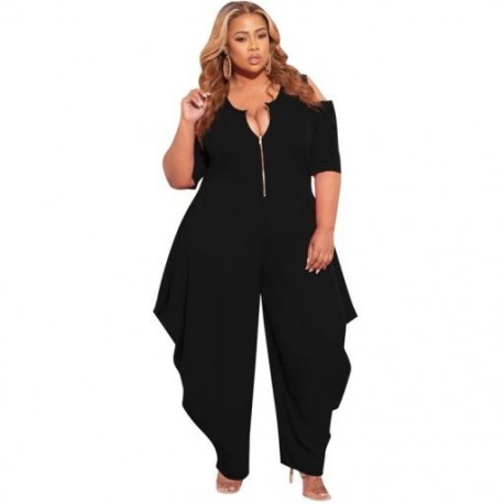 Szín: fekete 5XL - Nagy méretű női jumpsuit, laza, üreges ujjú, cipzáras, egyrészes ruházat, nyári tréningruha
