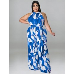 Szín: kék 4XL - Nagy méretű női jumpsuit övvel Nyári ruhák Nyomtatott ujjatlan, széles lábú irodai női body