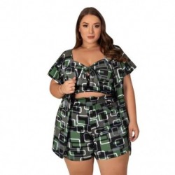 Szín: zöld 4XL - Nagy méretű 3 részes szett Női ruházat 3XL 4XL 5XL Nyári üdülési Nyomtatott Rövidnadrág szett