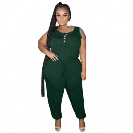 Szín: zöld XXL - Nagy méretű jumpsuit Női nyári ruházat Body egyszínű, rugalmas derekú, egy darabból álló outfit