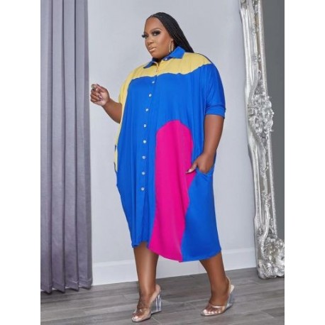 Szín: kék 5XL - Nagy méretű női ruhák 4xl 5xl Patchwork bő fél ujjú alkalmi maxi ingek ruha új stílus