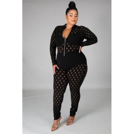 Szín: fekete 5XL - Nagy méretű kombik Szexi egyrészes női kombinék, cipzáras, hosszú ujjú Bodycon Club Bodysuit