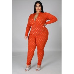Szín: narancs 5XL - Nagy méretű kombik Szexi egyrészes női kombinék, cipzáras, hosszú ujjú Bodycon Club Bodysuit