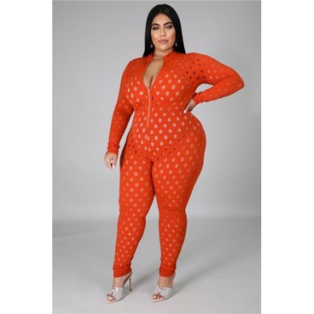 Szín: narancs 5XL - Nagy méretű kombik Szexi egyrészes női kombinék, cipzáras, hosszú ujjú Bodycon Club Bodysuit