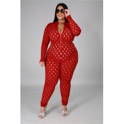 Szín: piros 5XL - Nagy méretű kombik Szexi egyrészes női kombinék, cipzáras, hosszú ujjú Bodycon Club Bodysuit