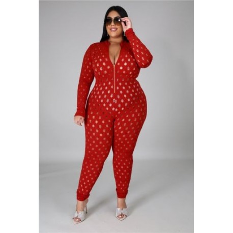 Szín: piros 5XL - Nagy méretű kombik Szexi egyrészes női kombinék, cipzáras, hosszú ujjú Bodycon Club Bodysuit