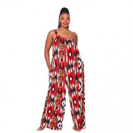 Szín: Piros XL - Fashion Elegance Jumpsuit nőknek nyakkendő Dye egy váll zsebben padlóig érő, laza nyári ruha