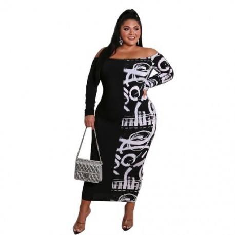 Szín: fekete XXL - Nagy méretű női ruhák hosszú ujjú őszi ruhák Vintage Bodycon szexi slash nyakú elegáns maxi ruhák