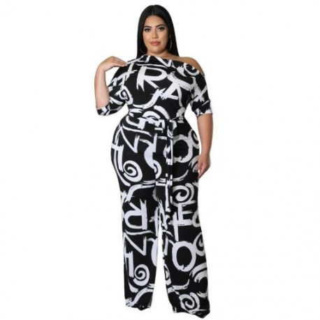 Szín: fekete XXL - Jumpsuit Nagy méretű női ruhák Nyári, nyomtatott vállról, szalagokkal, Office Ladies 2022