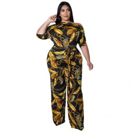 Szín: arany XXL - Jumpsuit Nagy méretű női ruhák Nyári, nyomtatott vállról, szalagokkal, Office Ladies 2022