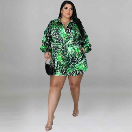 Szín: zöld 4XL - Nagy méretű, nyári női jumpsuit, egy darabból nyomtatott, fűzős, rugalmas derékú, alkalmi Body Hot
